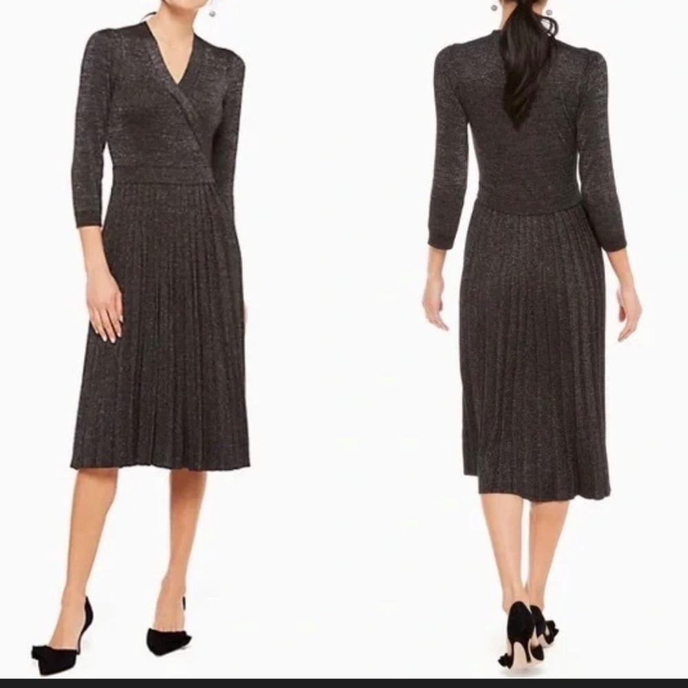 Kate Spade Metallic Dress Size S Long Sleeve Pleated Midi Black Sparkle